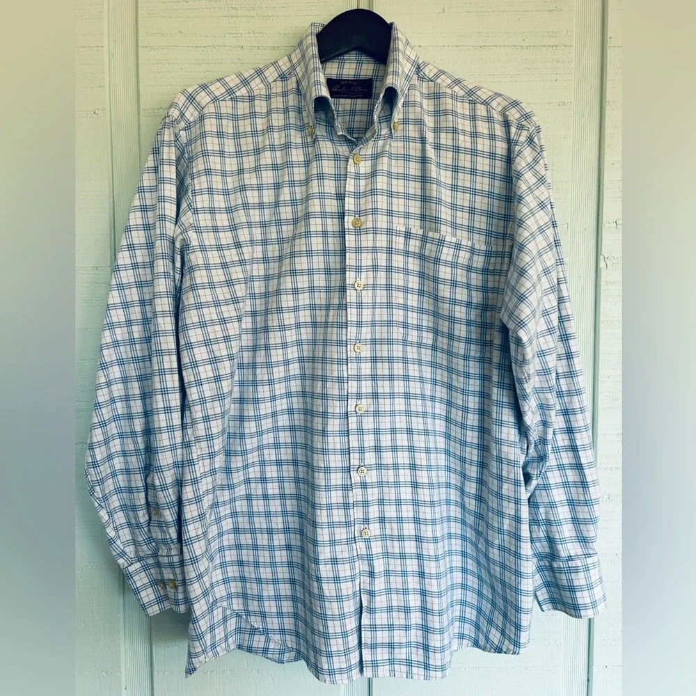 Orvis Button Down Shirt Mens Large White Blue Check Signature Collection B9-1055